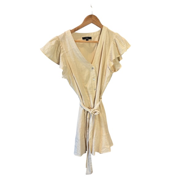 Lulus Womens Beige Button Front Mini Dress Ruffle Short Sleeve Casual Cute - Picture 5 of 5